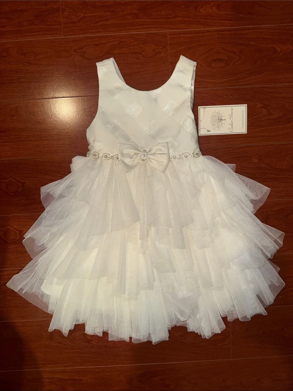 Girls White Tulle Party Dress with Bow and Beaded Waist